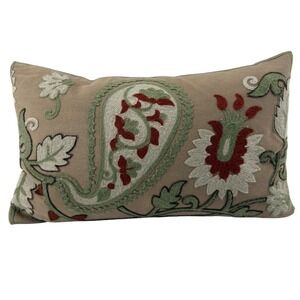 Lumbar Decorative Pillow 18x10 Taupe Paisley Jacobean Floral Crewel Embroidered
